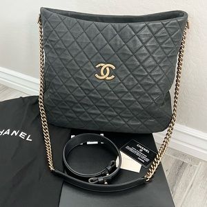 Chanel Black Caviar Leather Quilted Hobo Crossbody Bag